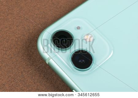 Helsinki, Finland, January 13, 2020: Apple Iphone 11 Camera Close Up On A White Background. Studio S