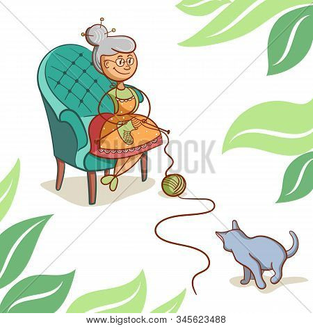 Grandmother In A Chair Knits Socks, Cat Plays With A Ball Of Thread. Vector Illustration