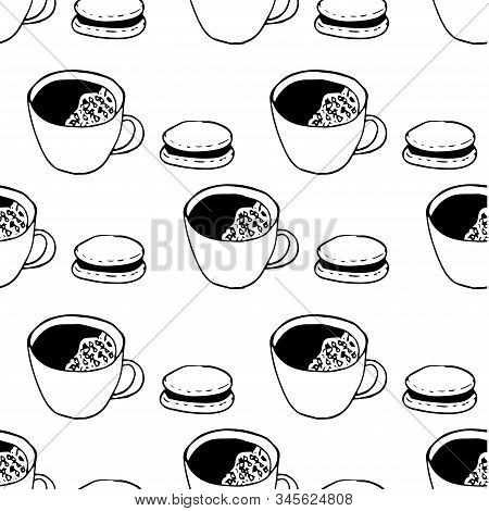 Vector Illustration Seamless Pattern Coffee Cup With Foam And Cookies, Black And White