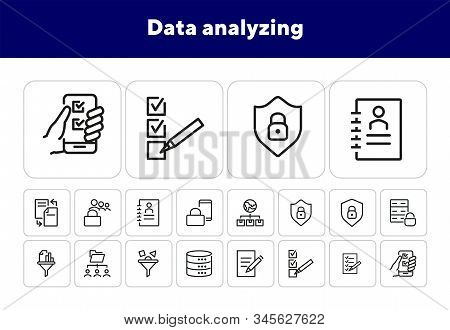 Data Analyzing Icons. Set Of Line Icons. Copywriting, Cylindrical Database, Data Filter. Information