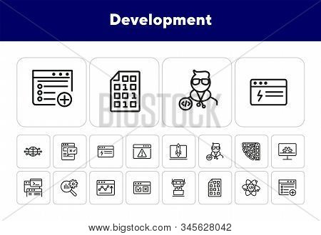 Development Line Icon Set. Binary Code, Bot, Software Developer. Information Technology Concept. Can
