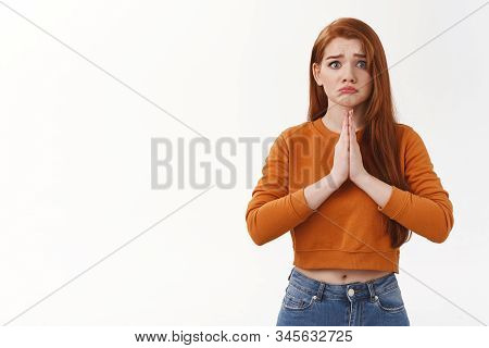 Upset Silly Cute Redhead Girlfriend Grimacing Upset Hold Palms Together Pray Begging Favour Asking P