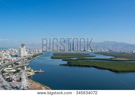 Aerial View Of Ras Al Khaimah, United Arab Emirates North Of Dubai, Looking At The City, Hajar Mount