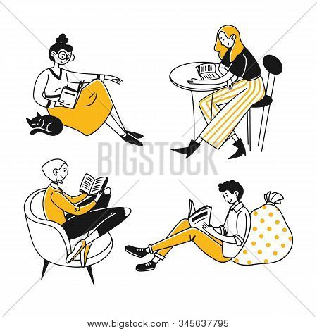 Students Or Book Readers. People Reading Book, Newspapers At Home Or Cafe Flat Vector Illustration. 
