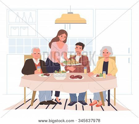 Family Dinner At Home. Young And Senior Couple Eating Together At Dining Table Flat Vector Illustrat