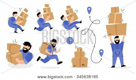 Vector Set Of Creative Illustration Of Delivery Man In Blue Color Uniform With Box Parcel In Differe