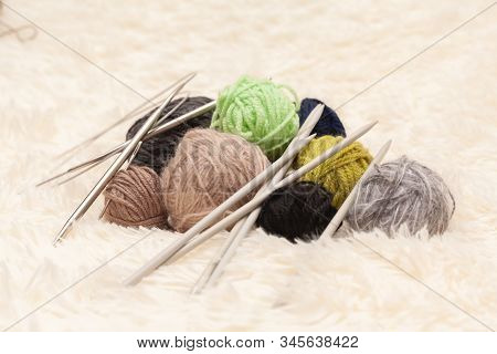 Set For Knitting Yarn In A Ball And Knitting Needles. Stock Photo.