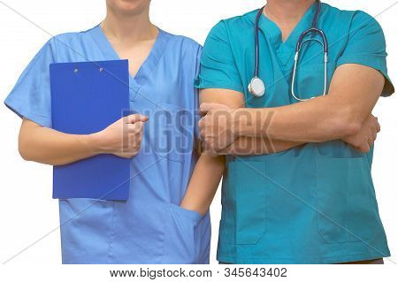 Nurse Doctor Woman And Man Working At The Hospital Isolated On White Background. Two Papel, Includin