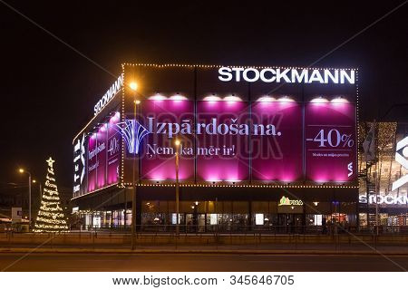 Riga, Latvia - January 14, 2018: Night Winter View Of The Stockmann Mall In Christmas Decorations In