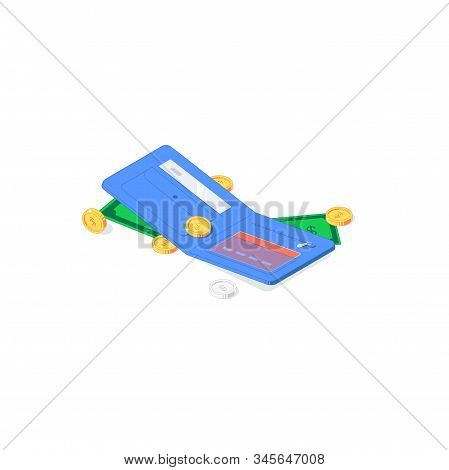 Isometric Golden And Silver Coins, Green Banknotes On Blue Wallet. Vector Illustration Of Gold And S