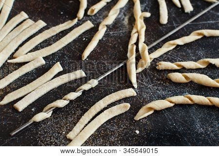 Making Whole Wheat Flour Pasta Fusilli Al Ferro Close Up