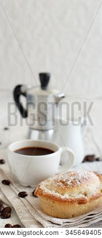 Cup Of Coffee With Pasticciotto Pastry On A Rustic Background Close Up