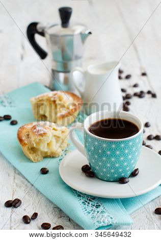 Cup Of Coffee With Pasticciotto Pastry On A Rustic Background Close Up