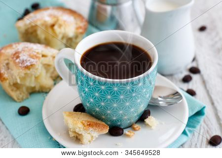 Cup Of Coffee With Pasticciotto Pastry On A Rustic Background Close Up