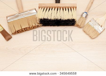 A Large Set Of Different Construction Brushes. Stock Photo Set Of Brushes For Varnishing And Primer,