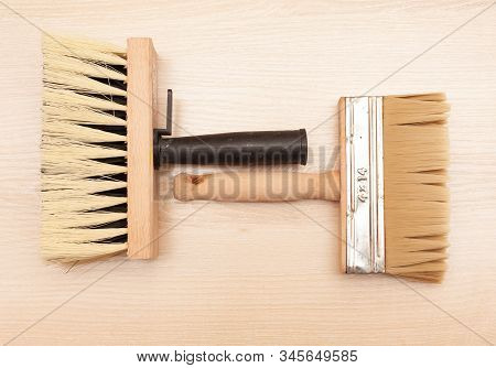 A Large Set Of Different Construction Brushes. Stock Photo Set Of Brushes For Varnishing And Primer,