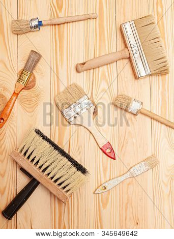 A Large Set Of Different Construction Brushes. Stock Photo Set Of Brushes For Varnishing And Primer,