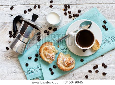 Cup Of Coffee With Pasticciotto Pastry On A Rustic Background Top View