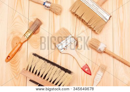 A Large Set Of Different Construction Brushes. Stock Photo Set Of Brushes For Varnishing And Primer,