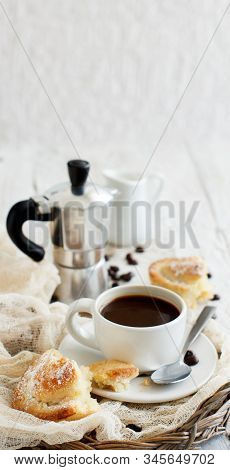 Cup Of Coffee With Pasticciotto Pastry On A Rustic Background Close Up