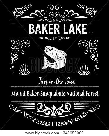 Baker Lake Washington Graphic Typography Illustration.  Has A Fish Graphic In A Retro Vintage Style 