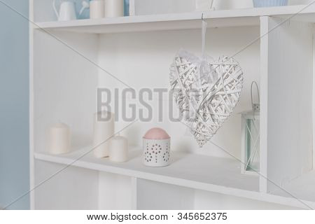 Romantic Still Life With Wicker Heart And Design Details On Shelf And White Wall Background.valentin