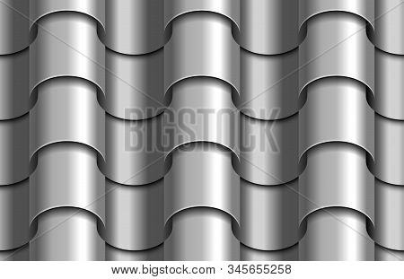 Seamless Texture Of Gray Corrugated Waves Roof Top Background. Repeating Pattern Of Silver Metal Tub