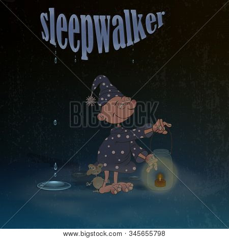 A Cartoon Character Suffering From Sleepwalking Stands In The Dark And Holds A Makeshift Lamp In His