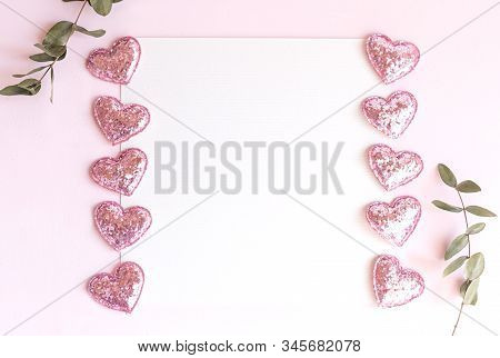 Background With Copy Space Blank On Pink Background With Pink Glittered Hearts, Eucalyptus Branch. W