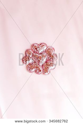 Background With Pink Glittered Hearts. Pink Paper Top View, Flat Lay, Minimal Style. Moke Up Card.