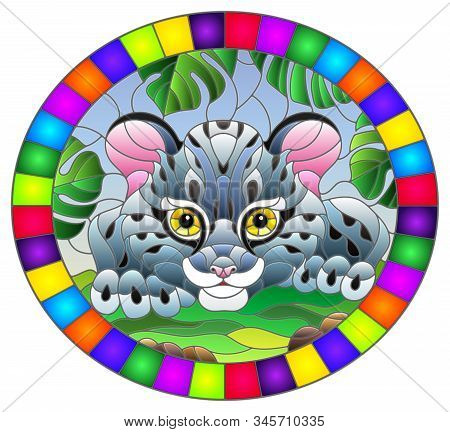 Illustration In Stained Glass Style With Baby Leopard On The Hunt, Animal On The Background Of Tropi