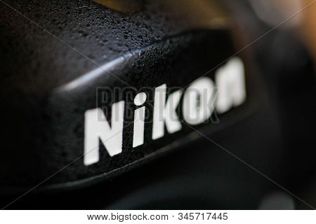 Bucharest, Romania - January 13, 2020: Shallow Depth Of Field And Macro Image With The Nikon Logo On
