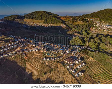 Top View Aerial Photo From Flying Drone Of  Doi Mon Jam Camping Tent Tourist Attractions In Mae Rim 