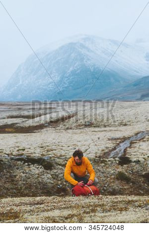 Man Hiking In Mountains Traveling Alone Vacations Outdoor Adventure Expedition Trekking Active Healt