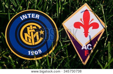 September 6, 2019, Turin, Italy. Emblems Of Italian Football Clubs Internazionale And Fiorentina Flo