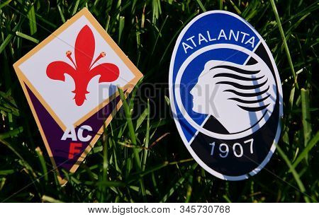 September 6, 2019, Turin, Italy. Emblems Of Italian Football Clubs Atalanta Bergamo And Fiorentina F