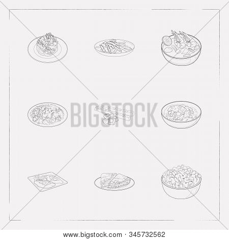 Set Of Culinary Icons Line Style Symbols With South African Biltong, Khachapuri Adjaruli, Thai Tom Y