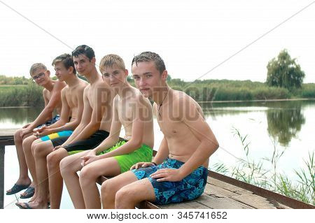Krasnodar Russian Federation-23.08.1014: A Group Of 5 Teenage Friends, Aged 14 Years. With Happy, Sm