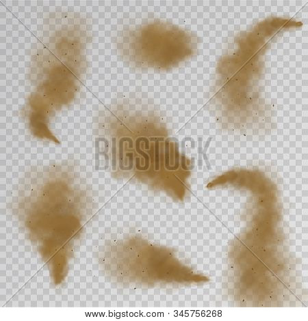 Sand Cloud. Dry Dust Fog, Desert Sandy Air Explosion With Particles. Brown Dirty Spray Vector Isolat