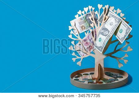 Money Tree Isolated On Blue Background With Coints