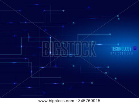 Abstract Lines And Dots Conncet On Dark Blue Background Technology Style.