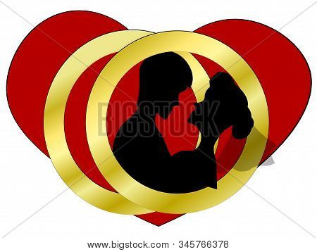 Vector Illustration With Rings And Couple. Wife And Husband With Heart And Wedding Rings. Icon Or Gr