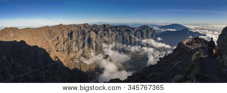 Panoramic View On Crater Caldera De Taburiente From Viepoint At Top Of Roque De Los Muchachos Mounta