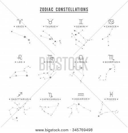 Zodiac Constellation. Collection Of 12 Zodiac Signs With Titles