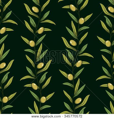 Floral Seamless Pattern With Olive Branches; Vertical Olive Branches With Foliage And Green Olives O