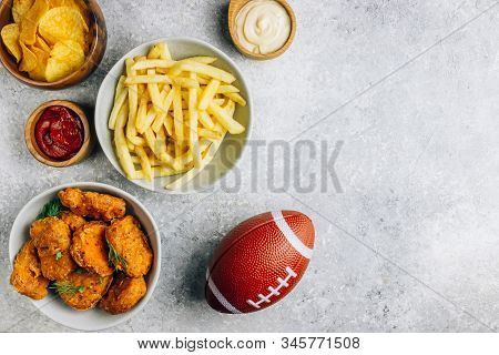 Table Fof Tasty Snacksprepared For Watching Sports On Tv. Top View. Flt Lay
