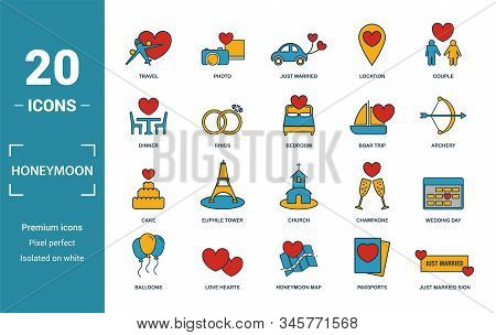 Honeymoon Icon Set. Include Creative Elements Travel, Just Married, Dinner, Boar Trip, Cake Icons. C