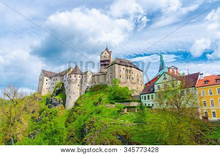 Loket Castle Hrad Loket Gothic Style Building On Massive Rock And Colorful Buildings In Loket Town, 