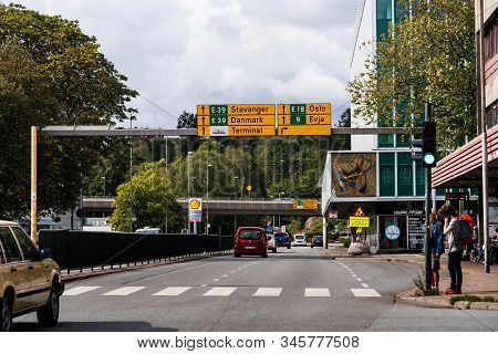 Editorial 09.01.2019 Kristiansand Norway Streets Of The City With Traffic And The Direction Signs To
