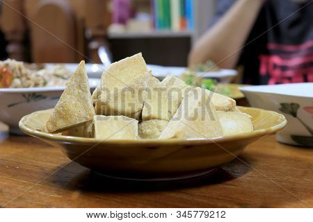 Home Made Of Snack And Dessert, Chinese Traditional Deep Fried Tofu Or Fried Bean Curd Served In Dis